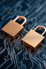 Golden padlock on circuit board symbolizing digital security and data protection with minimalist metallic texture and shallow depth of field, conveying trust and technological safety
