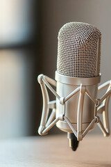 Studio condenser microphone with shock mount close up, metallic finish, neutral background, soft warm lighting, crisp texture and professional audio equipment feel