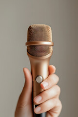Gold microphone held by hand with close up of mesh grille and metallic body conveying intimate warm performance mood