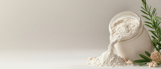 Jar of flour spilled on table with pistachio nut and green leaf arrangement soft natural light cozy kitchen scene conveying calm warmth and simple baking moment