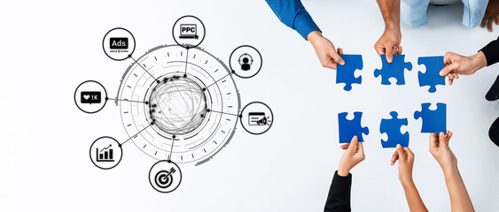 Concept of marketing online strategy using digital marketing, PPC campaigns, social media ads, and...