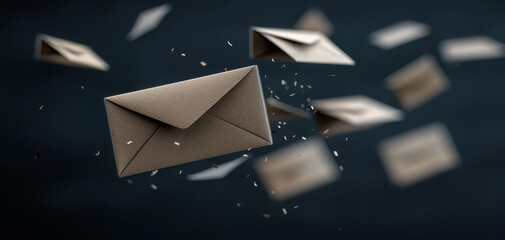 Brown paper envelope floating in dark space with scattered paper fragments evoking motion and mystery, minimalist neutral tones and shallow depth of field create cinematic atmosphere