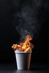 Crispy fried chicken pieces in paper cup with steam and flame rising, dramatic dark background, warm golden texture and appetizing smoke aroma