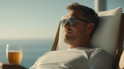 Middle aged man sunglasses lounge chair ocean drink relaxation Mediterranean summer portrait sunlit