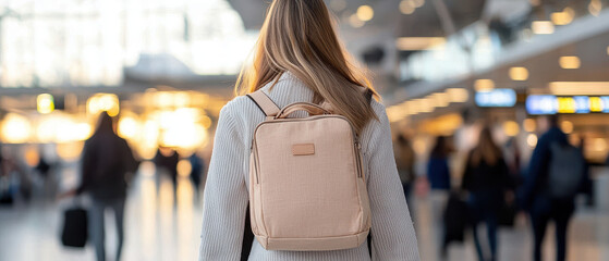 Young woman with beige backpack walking through busy airport terminal, soft warm lighting and shallow depth of field, travel mood and modern minimalist style