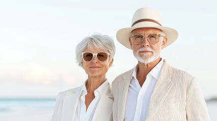 Elegant senior couple wearing light summer outfits and sunglasses on beach at sunset, relaxed and confident mood with soft pastel sky and gentle ocean background