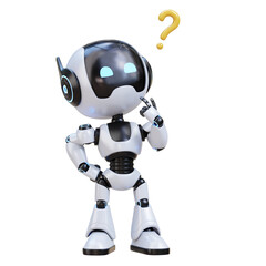 3D Cute Robot assistant in Thinking Gesture with Question Mark
