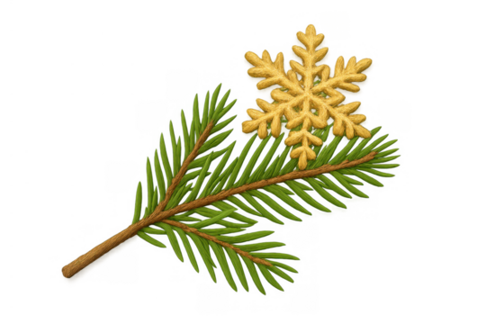 Spruce branch with golden embroidered snowflake, christmas holiday decoration, winter season vector illustration
