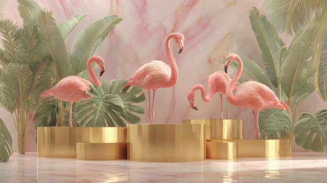 Tropical Scene with Pink Flamingos and Gold Planters