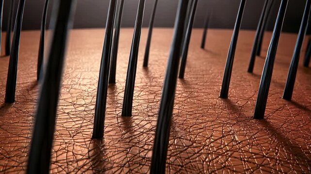 顕微鏡で見た頭皮と髪の毛の3Dアニメーション  薄毛のクローズアップイメージ   パンショット