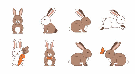 Fototapeta premium Collection of cute cartoon bunnies in various poses on white background