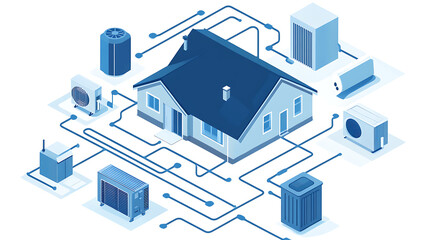 A house with a lot of appliances and wires. The house has a lot of air conditioners and a lot of wires