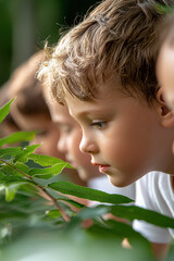 Curious child observing small insect on green leaf, close up portrait with soft natural light and shallow depth of field, outdoor summer scene capturing wonder and focus
