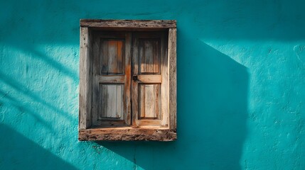 Rustic wooden window contrasts sharply with a vividly colored textured exterior wall.