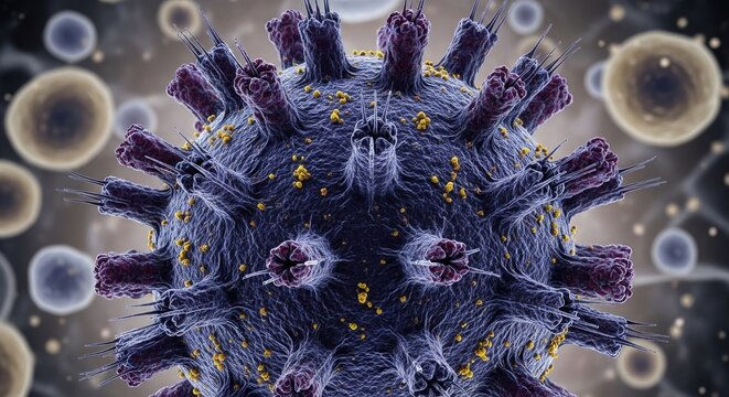 Closeup of a virus particle with spikes and internal structure