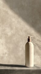 Cream colored dispenser bottle on light beige background