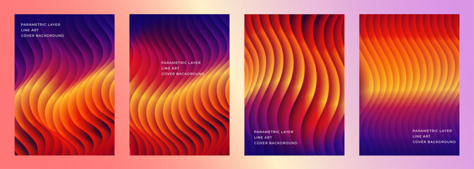 abstract parametric layered line art golden sunset orange red yellow light cover poster background design set, for cover, brochure, magazine, poster, flyer, etc.