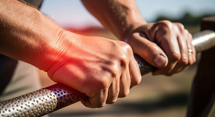Wrist pain during activity. Person gripping bar with red highlight on wrist, symbolizing injury, strain, or overuse discomfort.