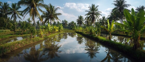 Tropical rice paddies reflecting sky