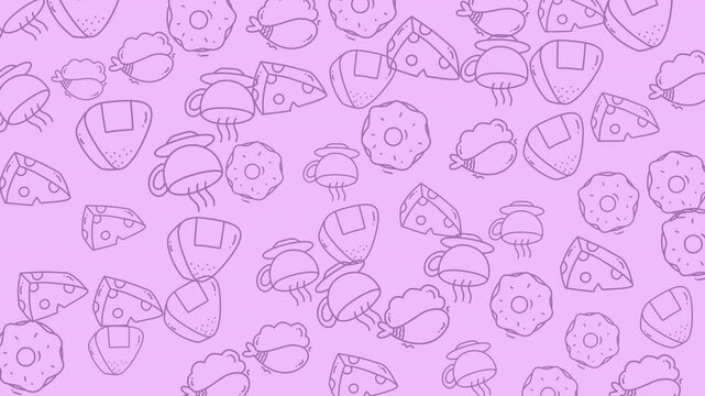 Seamless food doodle pattern featuring adorable hand-drawn icons of coffee cups, donuts, cheese, and ice cream on a pastel purple background. Perfect for cafe branding, packaging, textile design