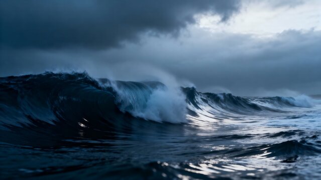 Powerful Turbulent Ocean Waves Crashing Beneath Dark Storm Clouds