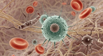 Virus particle with red blood cells and bacteria in bloodstream