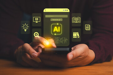 Person using a smartphone with AI icon and technology interface, symbolizing artificial intelligence, innovation, digital transformation, and modern smart applications in business and education.