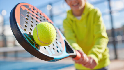 close-up of young boy playing padel hitting tennis ball with racket outdoors