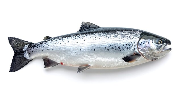 A whole, silver fish with dark spots and fins, lying on a white surface. Its scales shimmer, with a slightly open mouth