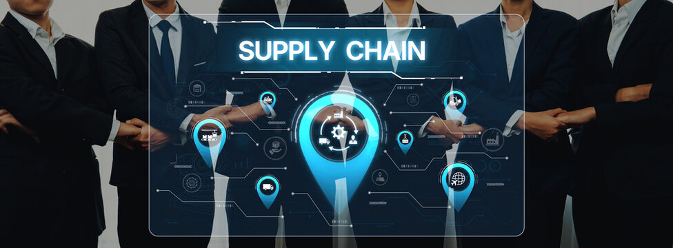 Business professionals engage in supply chain management strategy discussion, highlighting digital technology with icons and graphics focused on efficient logistics and collaboration. Trope - Powered by Adobe
