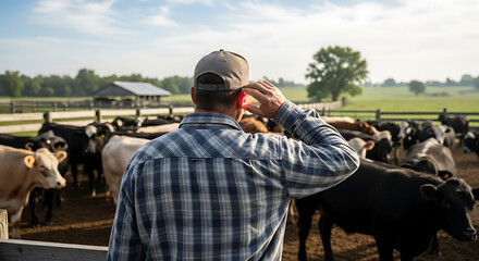 Farmer in plaid shirt observing cattle herd in a sunny rural feedlot. Agricultural worker managing livestock on a ranch.