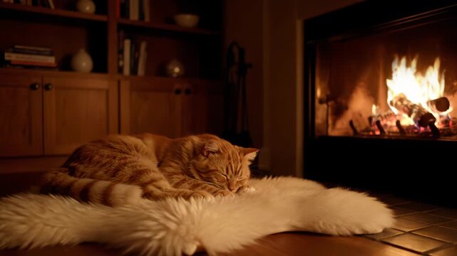 Orange tabby cat sleeping peacefully on a white fur rug near a cozy fireplace in a warm living room