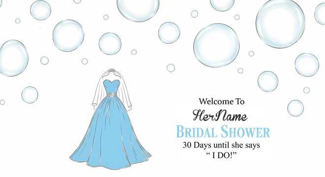 Elegant bridal shower invitation design with a beautiful blue dress and sparkling bubble accents perfect for a modern wedding celebration