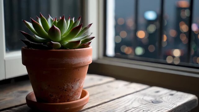 Succulent plant in terracotta pot on wooden table with city lights visible through window