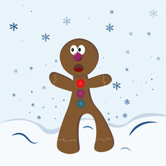 Obraz premium Cute gingerbread cookie in snowy Christmas background kawaii style