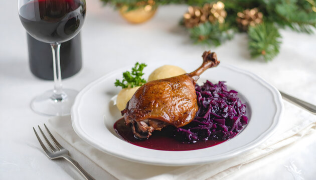 eine, gebratene, g&auml;nsekeule mit rotkohl und kn&ouml;del, macro, fotografie, weiss, restraurant, studio, gourmet, closeup, deli, merry, xmas, ad, Rotwein, studio, shooting
