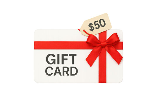 Gift card with red ribbon bow and $50 tag, representing shopping, bonus, and gift giving concepts on transparent background
