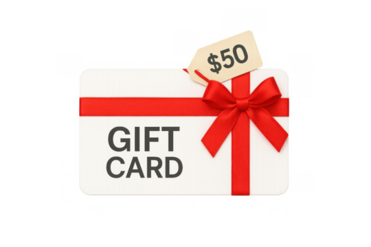 Gift card with red ribbon bow and $50 tag, representing shopping, bonus, and gift giving concepts on transparent background