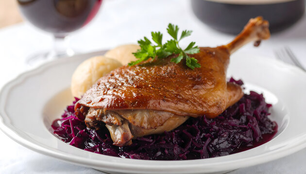 eine, gebratene, g&auml;nsekeule mit rotkohl und kn&ouml;del, macro, fotografie, weiss, restraurant, studio, gourmet, closeup, deli, merry, xmas, ad, Rotwein, studio, shooting