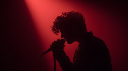 Silhouette of a male vocalist performing under dramatic red stage lighting
