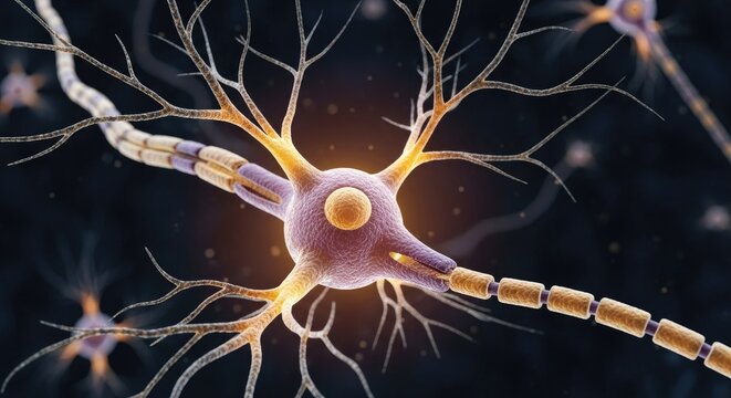 Closeup of a neuron, nerve cell, with dendrites and axon