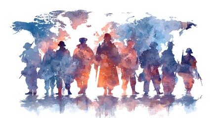 Obraz premium Silhouettes of military personnel stand against a watercolor depiction of the world map