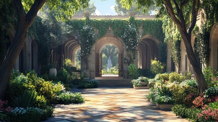 Fototapeta premium A lush garden courtyard with arched walkways leading to a fountain.