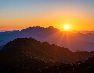 Majestic mountain range silhouette with sun's brilliant glow during sunrise