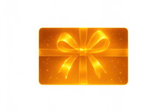 Golden gift card with glowing bow and sparkling particles, offering a special present or voucher