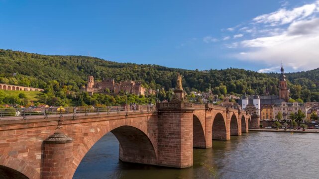 Day Timelapse of the Heidelberg Castle and Old Bridge over the Neckar River.