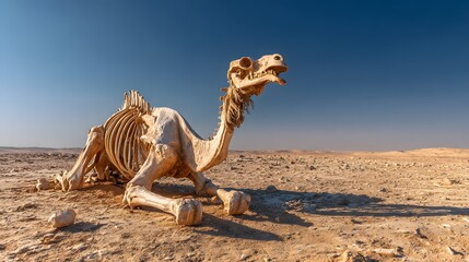 Remains of a large desert animal lie exposed under a bright blue sky