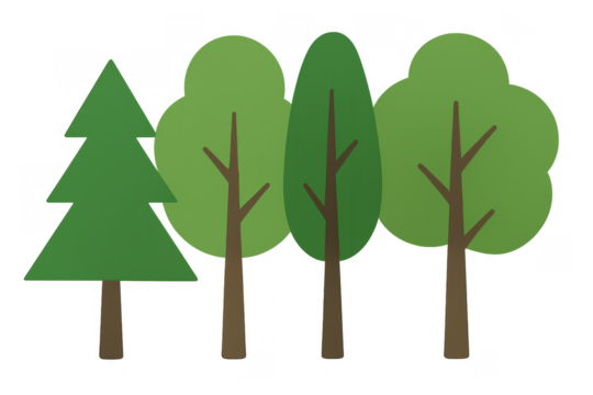 Forest trees set creating clean nature illustration with green foliage and brown trunks, transparent background - Powered by Adobe