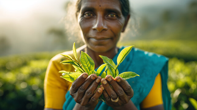 A Sri Lankan woman's hands gently hold freshly picked tea leaves, embodying the spirit of Hello Explorer Expo & Festival, Sri Lanka, a celebration of local agriculture and traditions