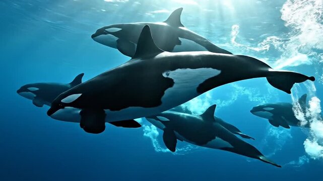Pod Of Orcas Swimming In Blue Ocean With Sunlight Shining Through The Surface Water, Underwater Marine Wildlife Scenic View, Dark Blue Ocean Background